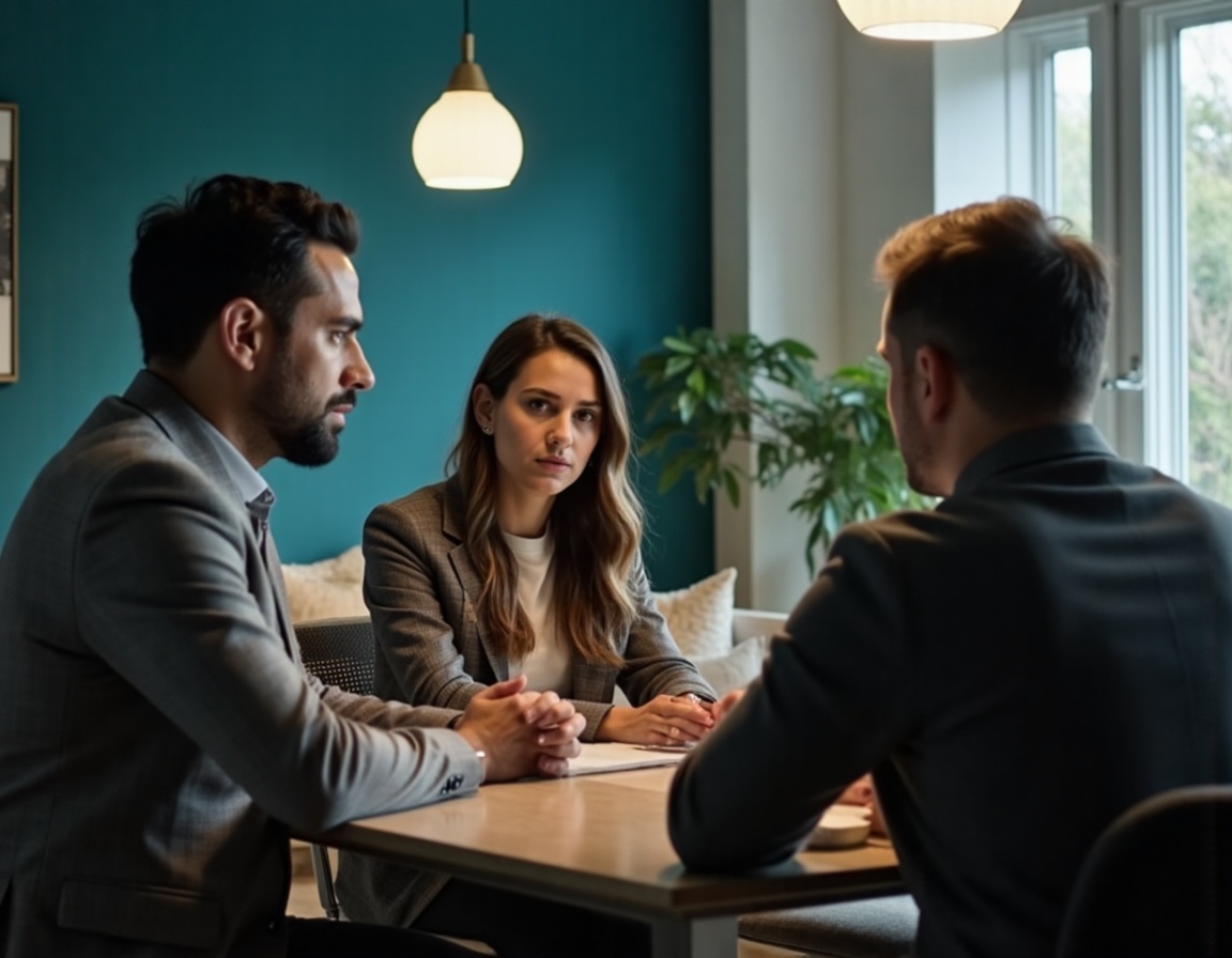 Asesor financiero brindando una consulta personalizada a una pareja en una oficina moderna.