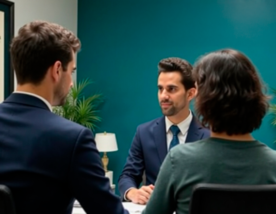 Asesor financiero brindando una consulta personalizada a una pareja en una oficina moderna.