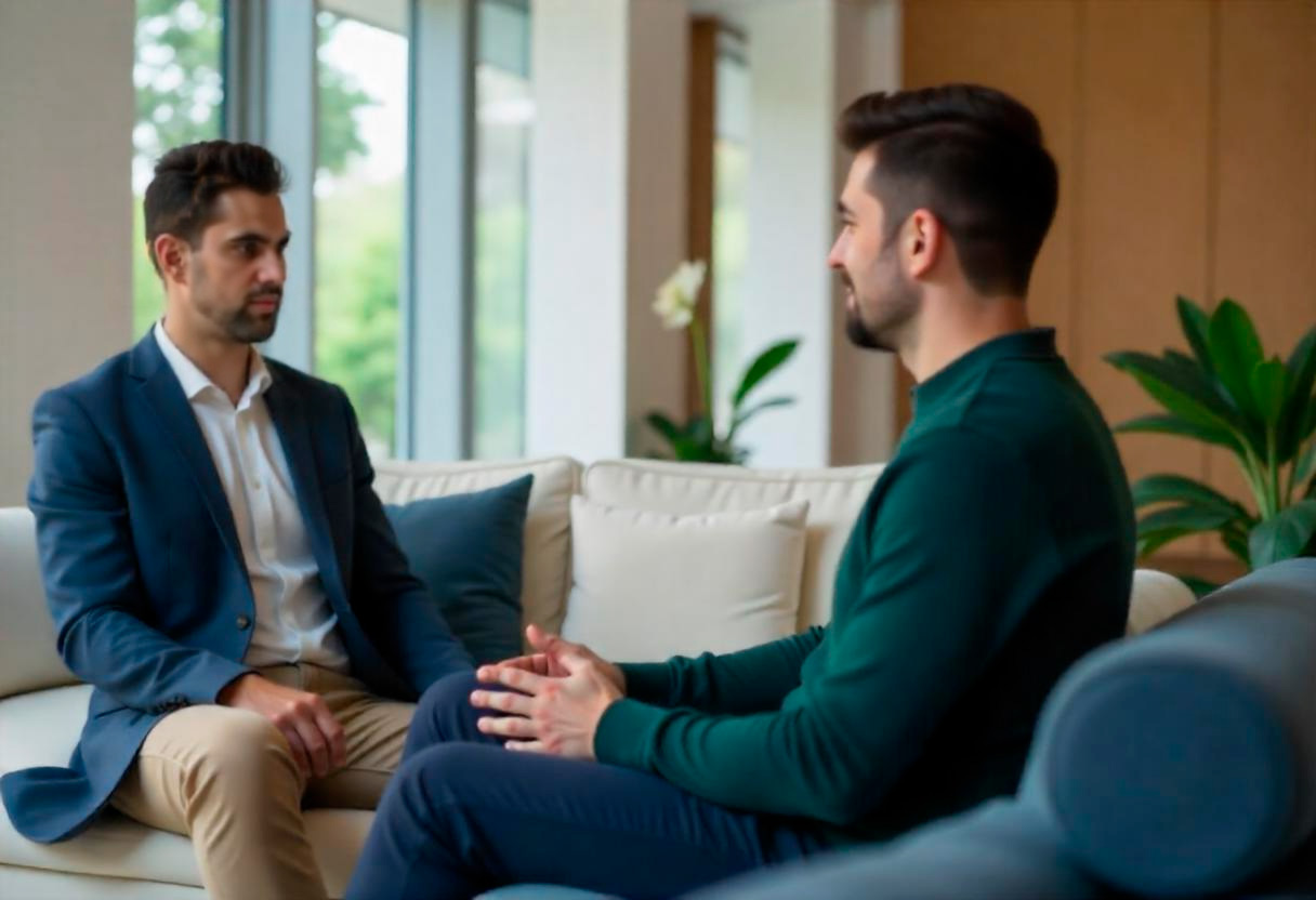 Asesor financiero brindando una consulta personalizada a una pareja en una oficina moderna.